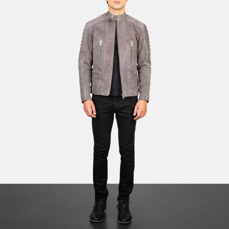 Mens Damian Grey Suede Biker Jacket Full Length-2-1634128027181